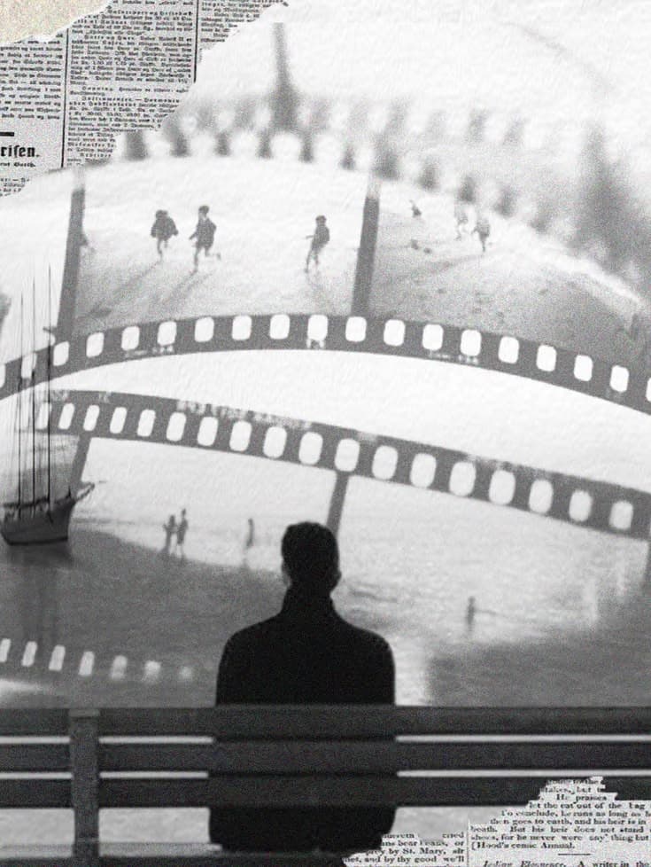 Black and white collage of a man on a bench framed by film strips